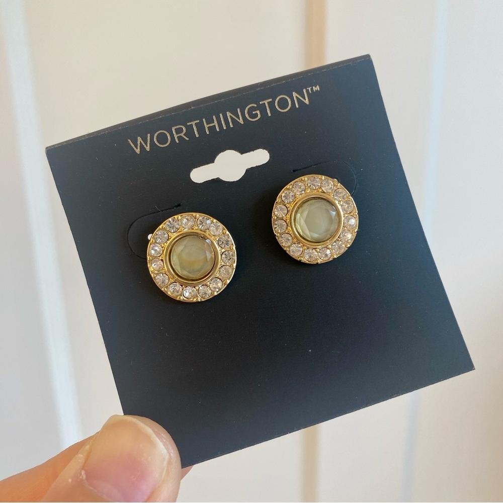 Worthington Gold Rounds Rhinestone Green Gems Earrings